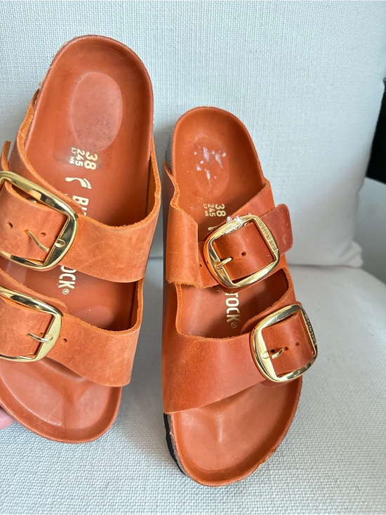 Birkenstock Shoes - Birkenstock Orange Leather Two-Buckle Sandals with Gold Buckles